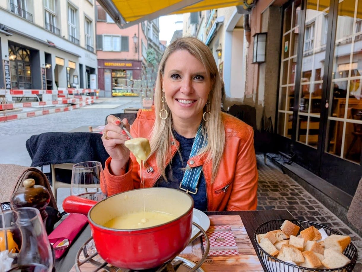 Tasting fondue at Swiss chuchi