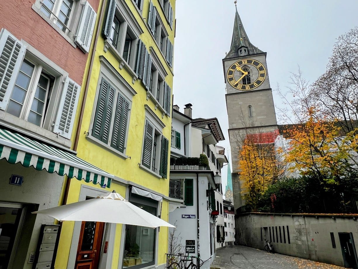 Zurich street with church tower